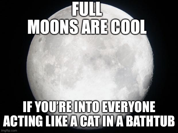 Full moon | FULL MOONS ARE COOL; IF YOU’RE INTO EVERYONE ACTING LIKE A CAT IN A BATHTUB | image tagged in full moon | made w/ Imgflip meme maker