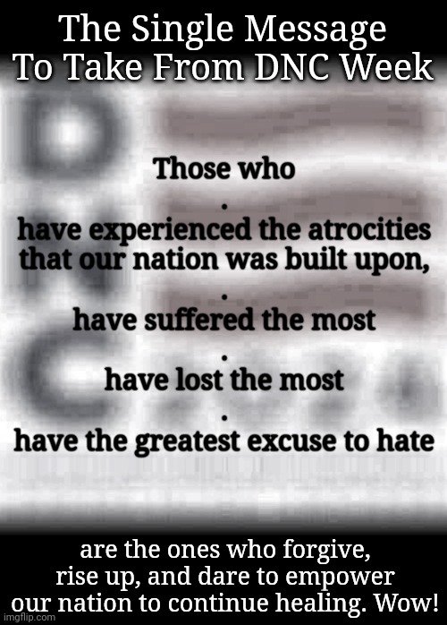 The Overall Point From the DNC (Holy!! I Did Not Expect To Cry) | The Single Message To Take From DNC Week; Those who
.
have experienced the atrocities
that our nation was built upon,
.
have suffered the most
.
have lost the most
.
have the greatest excuse to hate; are the ones who forgive, rise up, and dare to empower our nation to continue healing. Wow! | image tagged in dnc,amazing,forgiveness,racial harmony,america | made w/ Imgflip meme maker