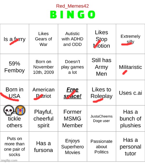 Red_Memes42 Bingo! | 💀😭 | image tagged in red_memes42 bingo | made w/ Imgflip meme maker