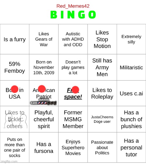 Red_Memes42 Bingo! | AMERICA RAHHH🇺🇸🇺🇸🇺🇸🦅🦅🦅 | image tagged in red_memes42 bingo | made w/ Imgflip meme maker