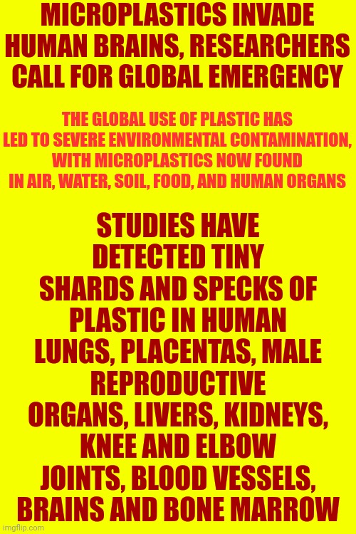 YOU, Yes YOU, Have To Get Involved! | MICROPLASTICS INVADE HUMAN BRAINS, RESEARCHERS CALL FOR GLOBAL EMERGENCY; STUDIES HAVE DETECTED TINY SHARDS AND SPECKS OF PLASTIC IN HUMAN LUNGS, PLACENTAS, MALE REPRODUCTIVE ORGANS, LIVERS, KIDNEYS, KNEE AND ELBOW JOINTS, BLOOD VESSELS, BRAINS AND BONE MARROW; THE GLOBAL USE OF PLASTIC HAS LED TO SEVERE ENVIRONMENTAL CONTAMINATION, WITH MICROPLASTICS NOW FOUND IN AIR, WATER, SOIL, FOOD, AND HUMAN ORGANS | image tagged in polution,plastic bag challenge,plastic,emergency alert,emergency meeting,memes | made w/ Imgflip meme maker