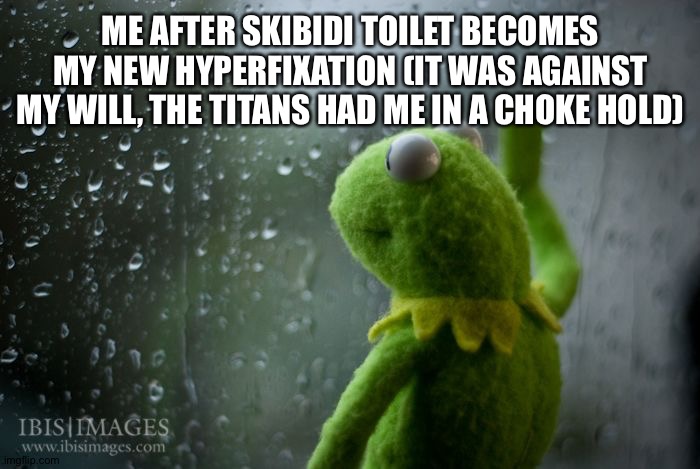 Y'all, I swear I didn't actually go out of my way to watch it ?? | ME AFTER SKIBIDI TOILET BECOMES MY NEW HYPERFIXATION (IT WAS AGAINST MY WILL, THE TITANS HAD ME IN A CHOKE HOLD) | image tagged in kermit window,skibidi toilet | made w/ Imgflip meme maker