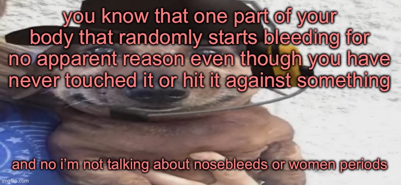 chucklenuts | you know that one part of your body that randomly starts bleeding for no apparent reason even though you have never touched it or hit it against something; and no i’m not talking about nosebleeds or women periods | image tagged in chucklenuts | made w/ Imgflip meme maker