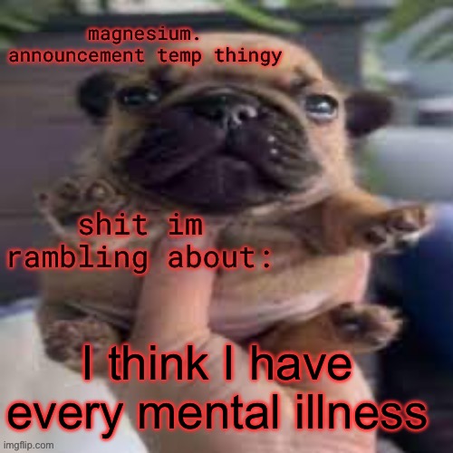 pug temp | I think I have every mental illness | image tagged in pug temp | made w/ Imgflip meme maker