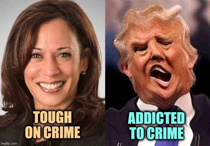 Kamala put criminals away. Trump is a criminal. That's one reason he's so nervous. | TOUGH ON CRIME; ADDICTED TO CRIME | image tagged in kamala harris sane donald trump crazy on acid,kamala harris,prosecutor,trump,accused,convicted | made w/ Imgflip meme maker