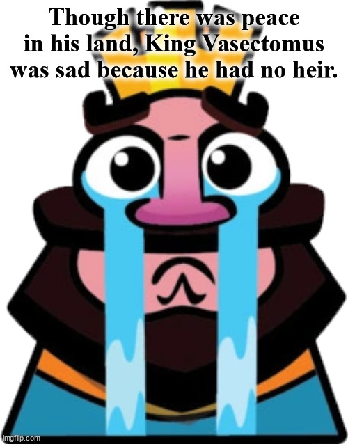 The Story of the Sad King | Though there was peace in his land, King Vasectomus was sad because he had no heir. | image tagged in clash royale sad king,story book,no children,king's problem,puzzle,farytail | made w/ Imgflip meme maker