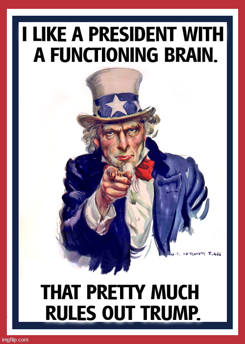 I want you to vote for Kamala Harris. | I LIKE A PRESIDENT WITH
 A FUNCTIONING BRAIN. THAT PRETTY MUCH 
RULES OUT TRUMP. | image tagged in i want you uncle sam,uncle sam,trump,idiot,kamala harris,brain | made w/ Imgflip meme maker