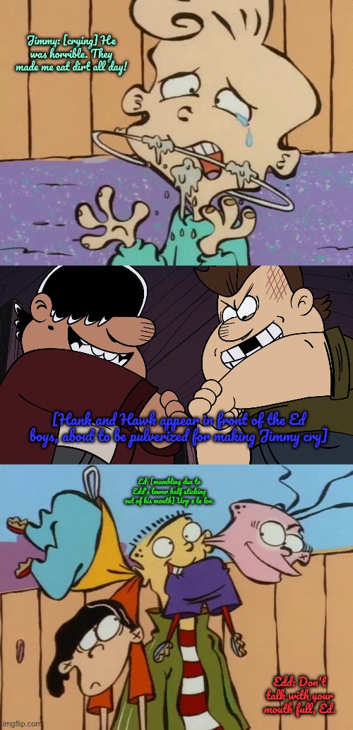 Hank and Hawk vs The Ed Boys | Jimmy: [crying] He was horrible. They made me eat dirt all day! [Hank and Hawk appear in front of the Ed boys, about to be pulverized for making Jimmy cry]; Ed: [mumbling due to Edd's lower half sticking out of his mouth] Urp a la loo. Edd: Don't talk with your mouth full, Ed. | image tagged in nickelodeon,ed edd n eddy,cartoon network | made w/ Imgflip meme maker