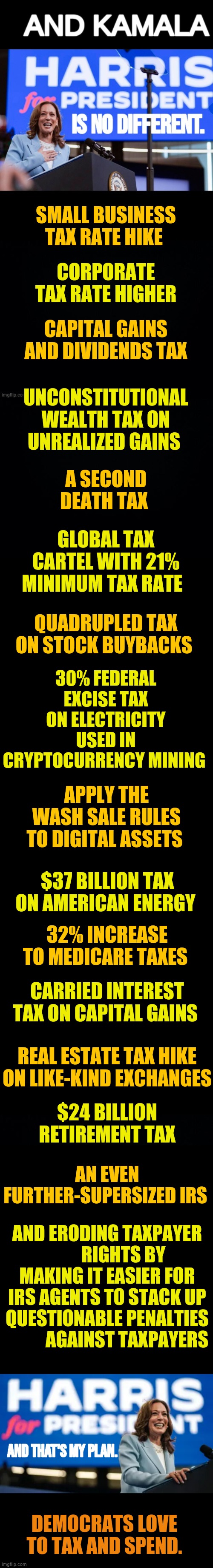 Democrats Love To Tax And Spend | SMALL BUSINESS TAX RATE HIKE; CORPORATE TAX RATE HIGHER; CAPITAL GAINS AND DIVIDENDS TAX; UNCONSTITUTIONAL WEALTH TAX ON UNREALIZED GAINS; A SECOND DEATH TAX; GLOBAL TAX CARTEL WITH 21% MINIMUM TAX RATE; QUADRUPLED TAX ON STOCK BUYBACKS; 30% FEDERAL EXCISE TAX ON ELECTRICITY USED IN CRYPTOCURRENCY MINING; APPLY THE WASH SALE RULES TO DIGITAL ASSETS; $37 BILLION TAX ON AMERICAN ENERGY; 32% INCREASE TO MEDICARE TAXES; CARRIED INTEREST TAX ON CAPITAL GAINS; REAL ESTATE TAX HIKE ON LIKE-KIND EXCHANGES; $24 BILLION RETIREMENT TAX; AN EVEN FURTHER-SUPERSIZED IRS; AND ERODING TAXPAYER          RIGHTS BY MAKING IT EASIER FOR IRS AGENTS TO STACK UP QUESTIONABLE PENALTIES            AGAINST TAXPAYERS; AND THAT'S MY PLAN. DEMOCRATS LOVE TO TAX AND SPEND. | image tagged in memes,politics,kamala harris,tax,and,spending | made w/ Imgflip meme maker