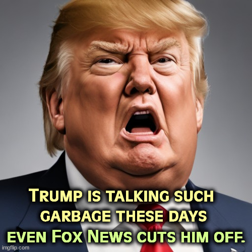 Trump is talking such 
garbage these days; even Fox News cuts him off. | image tagged in trump,garbage,rot,stupidity,insane,mental illness | made w/ Imgflip meme maker