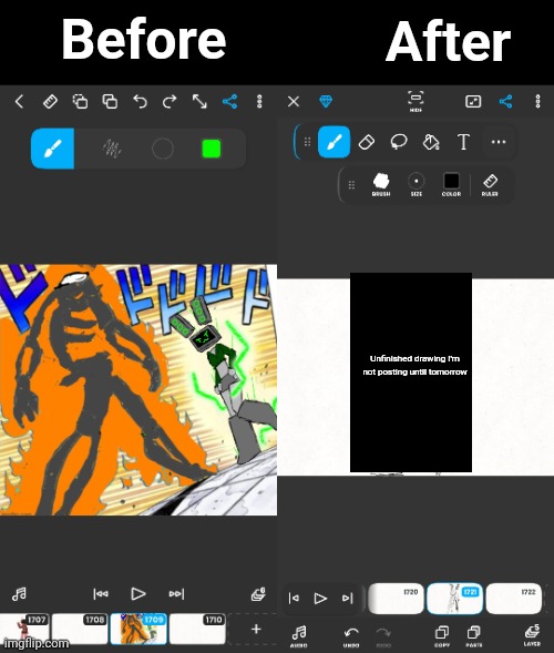 Flipaclip just had the most disorienting update ever | Before; After; Unfinished drawing I'm not posting until tomorrow | made w/ Imgflip meme maker