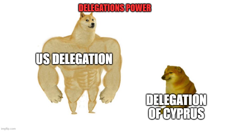 MUN/ The comparison of power between delegations | DELEGATIONS POWER; US DELEGATION; DELEGATION OF CYPRUS | image tagged in dodge chad vs virgin | made w/ Imgflip meme maker