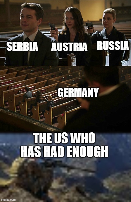 SERBIA; RUSSIA; AUSTRIA; GERMANY; THE US WHO HAS HAD ENOUGH | image tagged in assassination chain | made w/ Imgflip meme maker