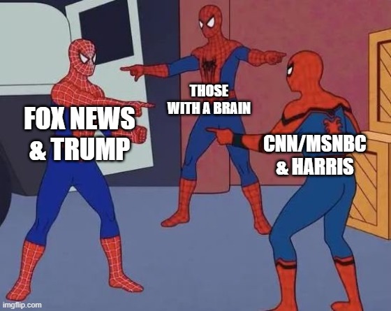 3 Spiderman Pointing | THOSE WITH A BRAIN; FOX NEWS & TRUMP; CNN/MSNBC & HARRIS | image tagged in 3 spiderman pointing | made w/ Imgflip meme maker