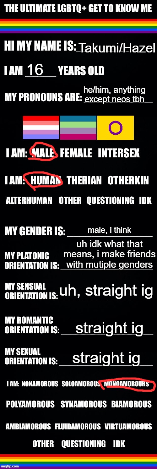 The ultimate LGBTQ+ get to know me | Takumi/Hazel; 16; he/him, anything except neos tbh; male, i think; uh idk what that means, i make friends with mutiple genders; uh, straight ig; straight ig; straight ig | image tagged in the ultimate lgbtq get to know me | made w/ Imgflip meme maker