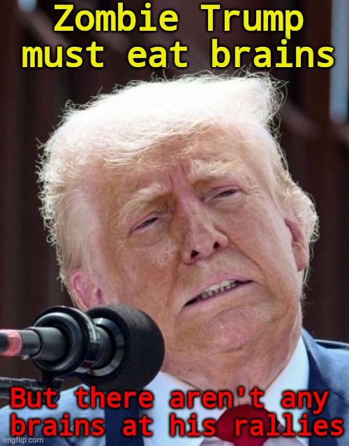 A tip o' the hat to OctaviaRed | Zombie Trump must eat brains; But there aren't any 
brains at his rallies | image tagged in trump stiffed his makeup artist | made w/ Imgflip meme maker