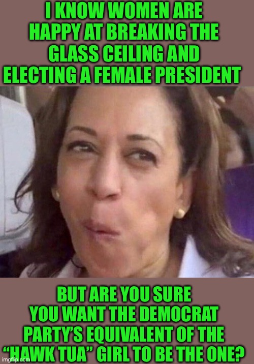 Yep | I KNOW WOMEN ARE HAPPY AT BREAKING THE GLASS CEILING AND ELECTING A FEMALE PRESIDENT; BUT ARE YOU SURE YOU WANT THE DEMOCRAT PARTY’S EQUIVALENT OF THE “HAWK TUA” GIRL TO BE THE ONE? | image tagged in kamala harris | made w/ Imgflip meme maker