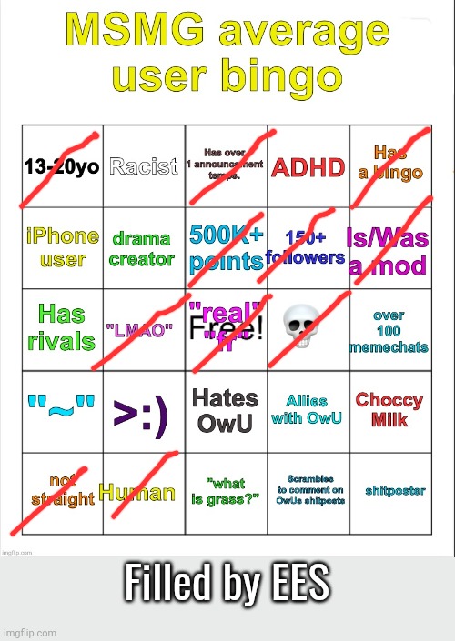 Filing OwU template until I get a bingo #3 (why did I put straight in the last post I'm aroace lol-) | Filled by EES | image tagged in msmg average user bingo by owu- | made w/ Imgflip meme maker