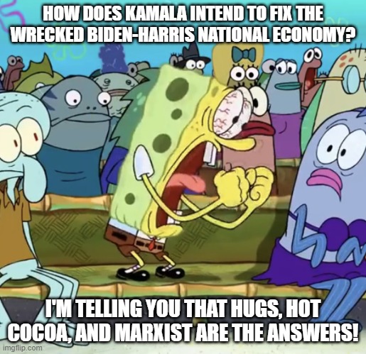 True. | HOW DOES KAMALA INTEND TO FIX THE WRECKED BIDEN-HARRIS NATIONAL ECONOMY? I'M TELLING YOU THAT HUGS, HOT COCOA, AND MARXIST ARE THE ANSWERS! | image tagged in spongebob yelling | made w/ Imgflip meme maker