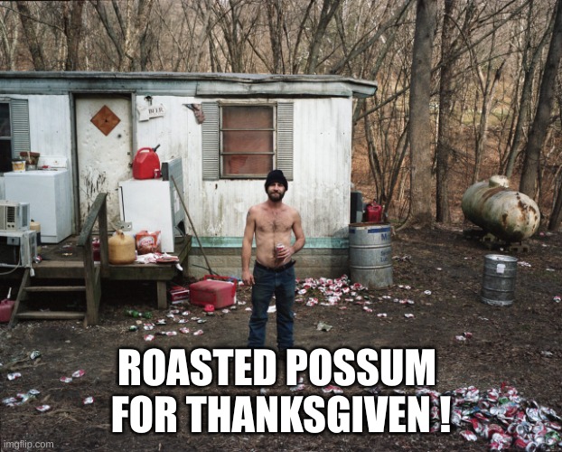 possum | ROASTED POSSUM 
FOR THANKSGIVEN ! | image tagged in trailer trash,possum | made w/ Imgflip meme maker