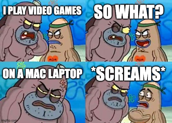 HOW | SO WHAT? I PLAY VIDEO GAMES; ON A MAC LAPTOP; *SCREAMS* | image tagged in memes,how tough are you,gaming,mac,laptop,apple | made w/ Imgflip meme maker