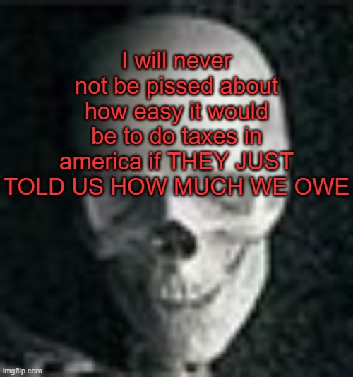 . | I will never not be pissed about how easy it would be to do taxes in america if THEY JUST TOLD US HOW MUCH WE OWE | image tagged in skull | made w/ Imgflip meme maker