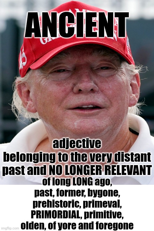 Trump: noun: Belonging To A Very Distant Past And NO LONGER RELEVANT | ANCIENT; adjective
belonging to the very distant past and NO LONGER RELEVANT; of long LONG ago, past, former, bygone, prehistoric, primeval, PRIMORDIAL, primitive, olden, of yore and foregone | image tagged in donald trump is a convicted rapist,donald trump is a convicted felon,lock him up,trump unfit unqualified dangerous,memes | made w/ Imgflip meme maker