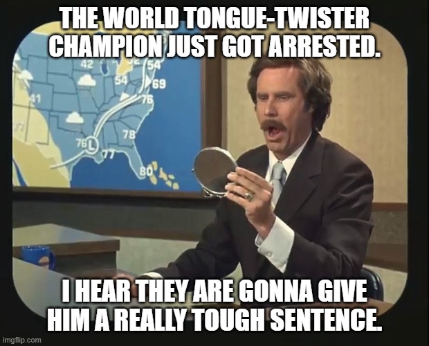 Daily Bad Dad Joke August 23,2024 | THE WORLD TONGUE-TWISTER CHAMPION JUST GOT ARRESTED. I HEAR THEY ARE GONNA GIVE HIM A REALLY TOUGH SENTENCE. | image tagged in anchorman how now brown cow | made w/ Imgflip meme maker