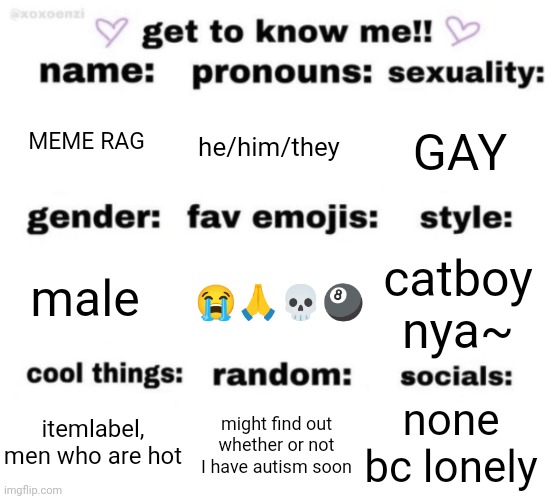 if hot men are cool then what are cool men | MEME RAG; he/him/they; GAY; 😭🙏💀🎱; catboy nya~; male; none bc lonely; might find out whether or not I have autism soon; itemlabel,
men who are hot | image tagged in get to know me but better | made w/ Imgflip meme maker