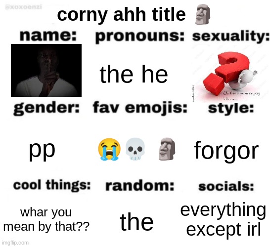 lore | corny ahh title 🗿; the he; 😭💀 🗿; forgor; pp; everything except irl; the; whar you mean by that?? | image tagged in get to know me but better | made w/ Imgflip meme maker