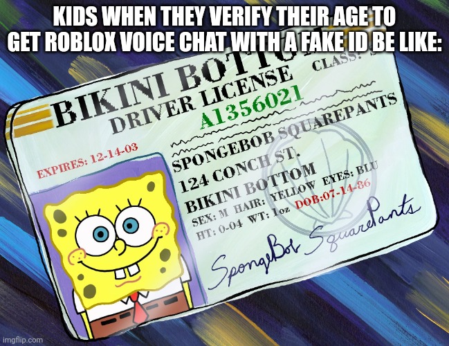 Applying for Roblox voice chat with a fake ID | KIDS WHEN THEY VERIFY THEIR AGE TO GET ROBLOX VOICE CHAT WITH A FAKE ID BE LIKE: | image tagged in spongebob squarepants' driver license | made w/ Imgflip meme maker