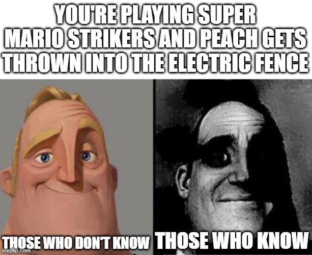 Only Mario Strikers fans can get this meme. Hint: AAAAAAAAAAAAAAAAAAAAAH | YOU'RE PLAYING SUPER MARIO STRIKERS AND PEACH GETS THROWN INTO THE ELECTRIC FENCE; THOSE WHO DON'T KNOW; THOSE WHO KNOW | image tagged in traumatized mr incredible,mario,funny,memes | made w/ Imgflip meme maker