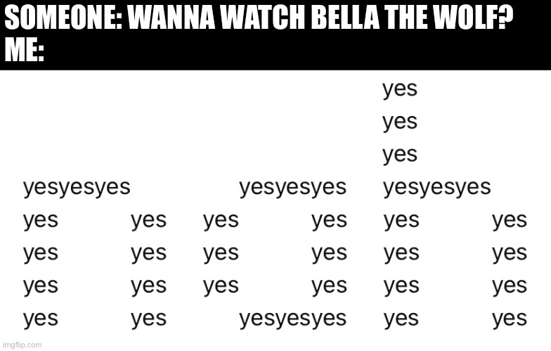 I AM NOT GONNA WATCH BELLA THE WOLF | SOMEONE: WANNA WATCH BELLA THE WOLF?
ME: | made w/ Imgflip meme maker