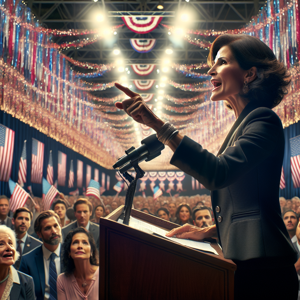 woman speaks from podium at political convention Blank Meme Template