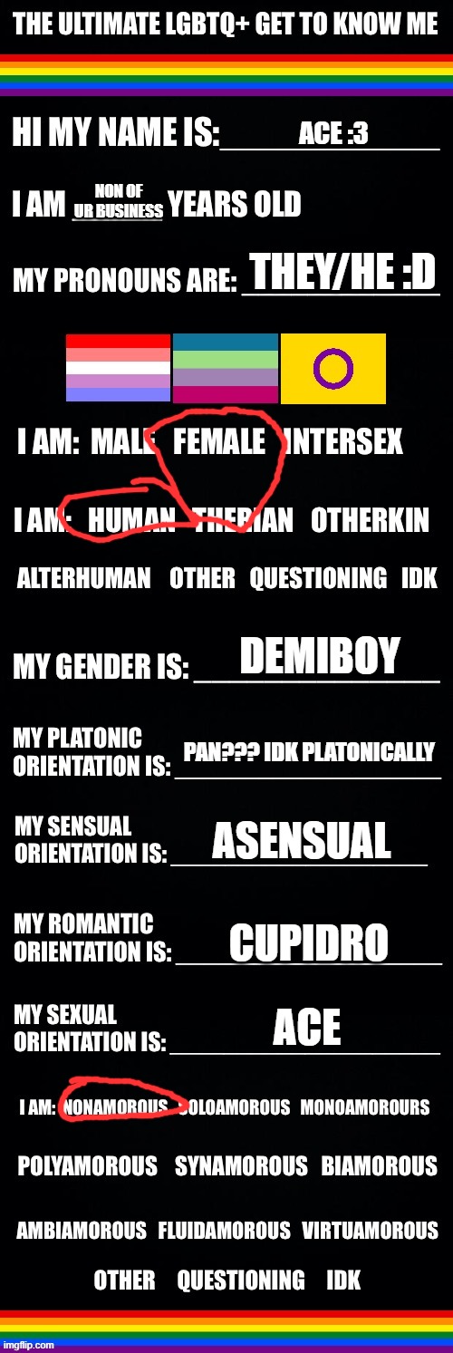 sorry its messed i typed after cryng | ACE :3; NON OF UR BUSINESS; THEY/HE :D; DEMIBOY; PAN??? IDK PLATONICALLY; ASENSUAL; CUPIDRO; ACE | image tagged in the ultimate lgbtq get to know me | made w/ Imgflip meme maker