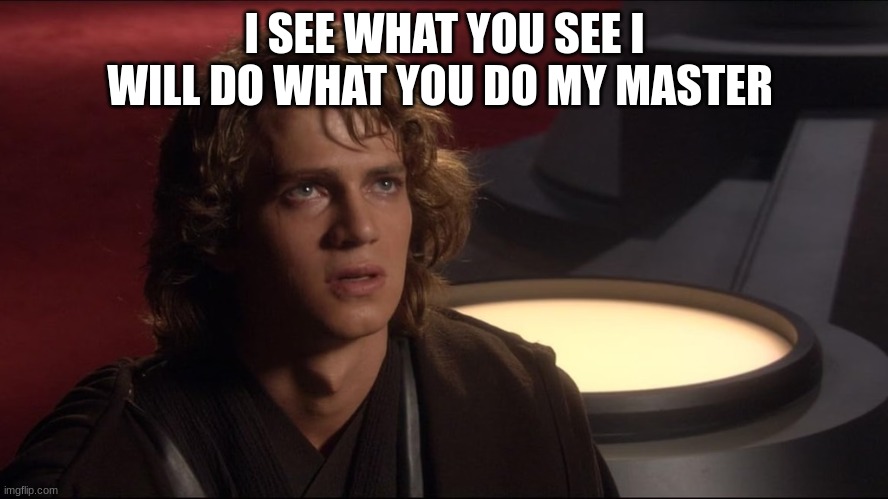 anakin skywalker | I SEE WHAT YOU SEE I WILL DO WHAT YOU DO MY MASTER | image tagged in anakin skywalker | made w/ Imgflip meme maker