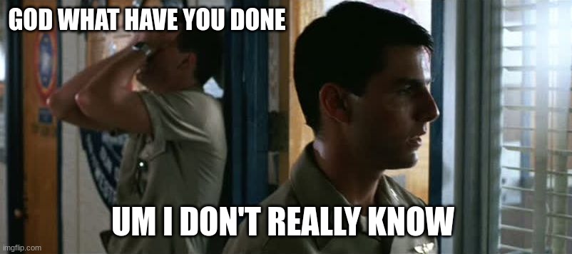 Top Gun Goose Maverick Truck Driving School | GOD WHAT HAVE YOU DONE; UM I DON'T REALLY KNOW | image tagged in top gun goose maverick truck driving school | made w/ Imgflip meme maker