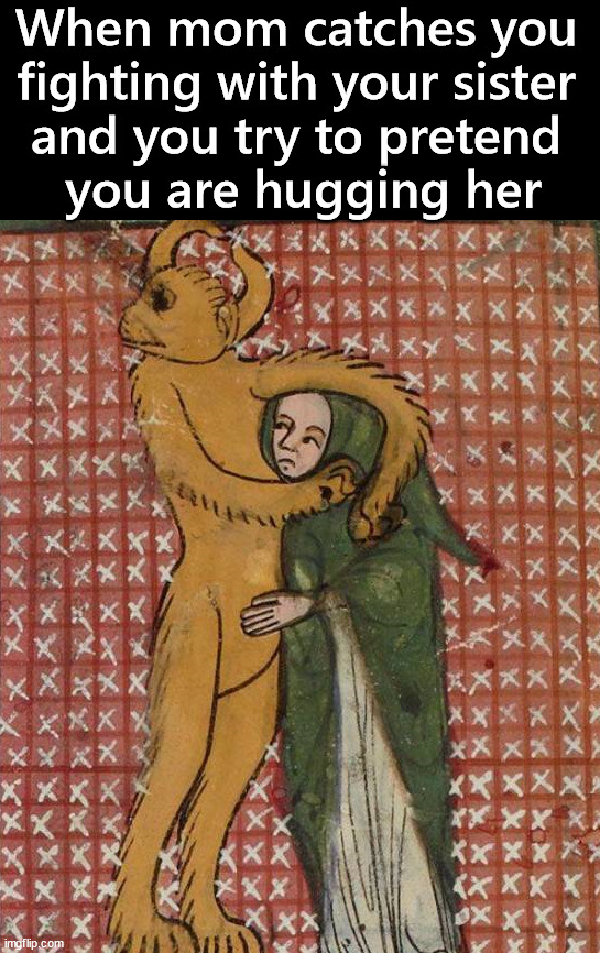 It usually does not work because we hate each other | When mom catches you 
fighting with your sister 
and you try to pretend 
you are hugging her | image tagged in family,fighting,hugs,make believe,siblings | made w/ Imgflip meme maker