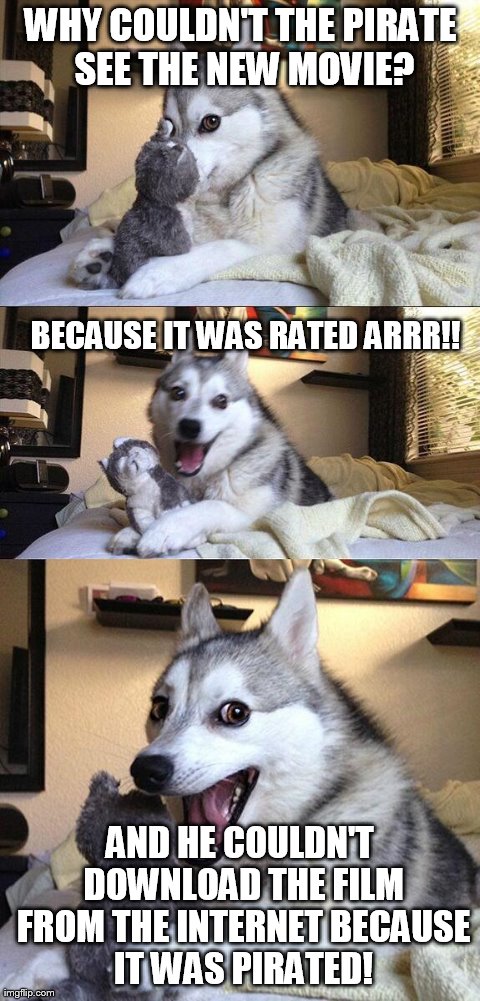 Bad Pun Dog...Pirate Joke! | WHY COULDN'T THE PIRATE SEE THE NEW MOVIE? AND HE COULDN'T DOWNLOAD THE FILM FROM THE INTERNET BECAUSE IT WAS PIRATED! BECAUSE IT WAS RATED  | image tagged in memes,bad pun dog | made w/ Imgflip meme maker