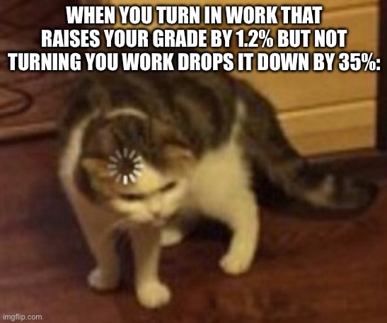 why. | WHEN YOU TURN IN WORK THAT RAISES YOUR GRADE BY 1.2% BUT NOT TURNING YOU WORK DROPS IT DOWN BY 35%: | image tagged in loading cat,school,grades,cats | made w/ Imgflip meme maker