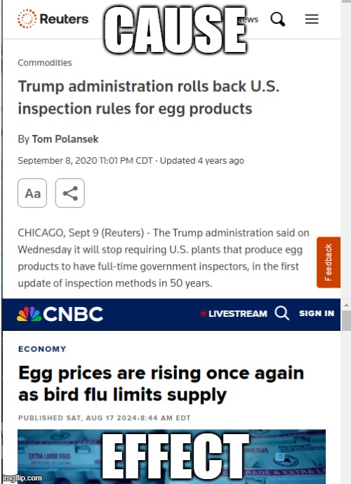 Even now we're still discovering the ways Trump sabotaged America | CAUSE; EFFECT | image tagged in donald trump,sabotage,regulations,eggs | made w/ Imgflip meme maker