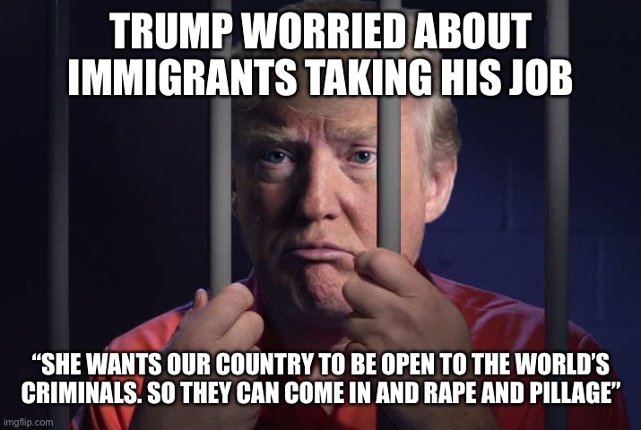 Trump in jail  | TRUMP WORRIED ABOUT IMMIGRANTS TAKING HIS JOB; “SHE WANTS OUR COUNTRY TO BE OPEN TO THE WORLD’S CRIMINALS. SO THEY CAN COME IN AND RAPE AND PILLAGE” | image tagged in trump in jail | made w/ Imgflip meme maker