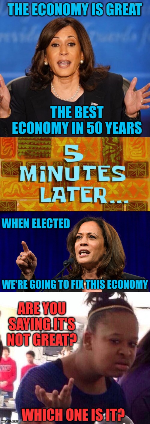 SHE HAD NO IDEA WHAT SHE'S SAYING | THE ECONOMY IS GREAT; THE BEST ECONOMY IN 50 YEARS; WHEN ELECTED; WE'RE GOING TO FIX THIS ECONOMY; ARE YOU SAYING IT'S NOT GREAT? WHICH ONE IS IT? | image tagged in kamala harris,memes,black girl wat,democrats,politics | made w/ Imgflip meme maker