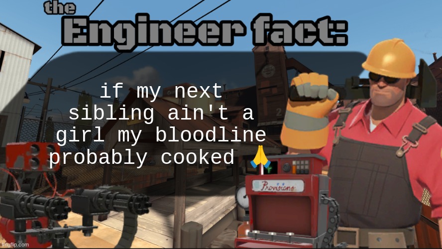 Engineer fact | if my next sibling ain't a girl my bloodline probably cooked 🙏 | image tagged in engineer fact | made w/ Imgflip meme maker