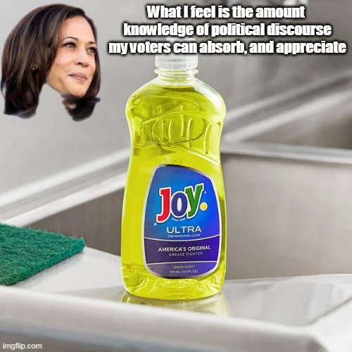 Kamala, the answer to the question nobody asked | What I feel is the amount  knowledge of political discourse my voters can absorb, and appreciate | image tagged in joy joy joy down in my heart meme | made w/ Imgflip meme maker