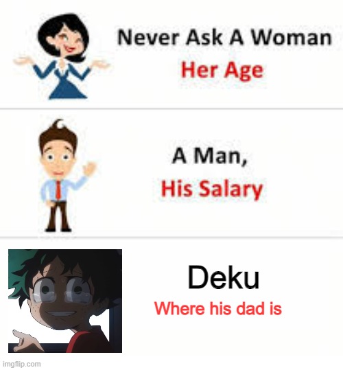 i said he at the store!! | Deku; Where his dad is | image tagged in never ask a woman her age,deku,my hero academia,mha,izuku,deku dissapointed | made w/ Imgflip meme maker