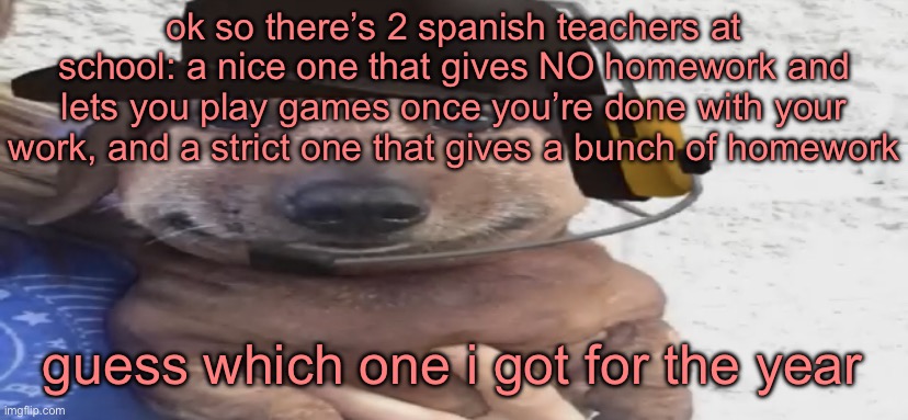 chucklenuts | ok so there’s 2 spanish teachers at school: a nice one that gives NO homework and lets you play games once you’re done with your work, and a strict one that gives a bunch of homework; guess which one i got for the year | image tagged in chucklenuts | made w/ Imgflip meme maker