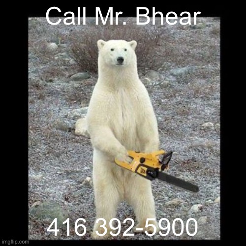 Mr. Bhear | Call Mr. Bhear; 416 392-5900 | image tagged in memes,chainsaw bear | made w/ Imgflip meme maker