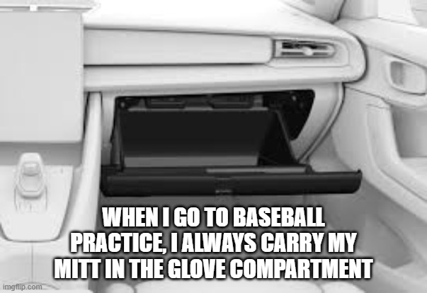 memes by Brad - My baseball mitt is in the glove compartment | WHEN I GO TO BASEBALL PRACTICE, I ALWAYS CARRY MY MITT IN THE GLOVE COMPARTMENT | image tagged in funny,sports,baseball,gloves,humor | made w/ Imgflip meme maker