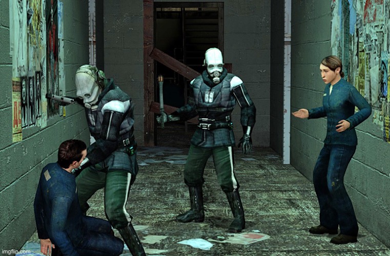 wow man this “cp” is so cool! look at the cp agents beating these 2 rebels! i really love cp! | image tagged in half life combine civil protection | made w/ Imgflip meme maker